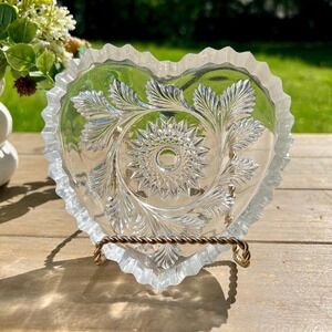 Vintage Heart Shaped Glass Trinket Tray|Plate w/ Sawtooth Trim